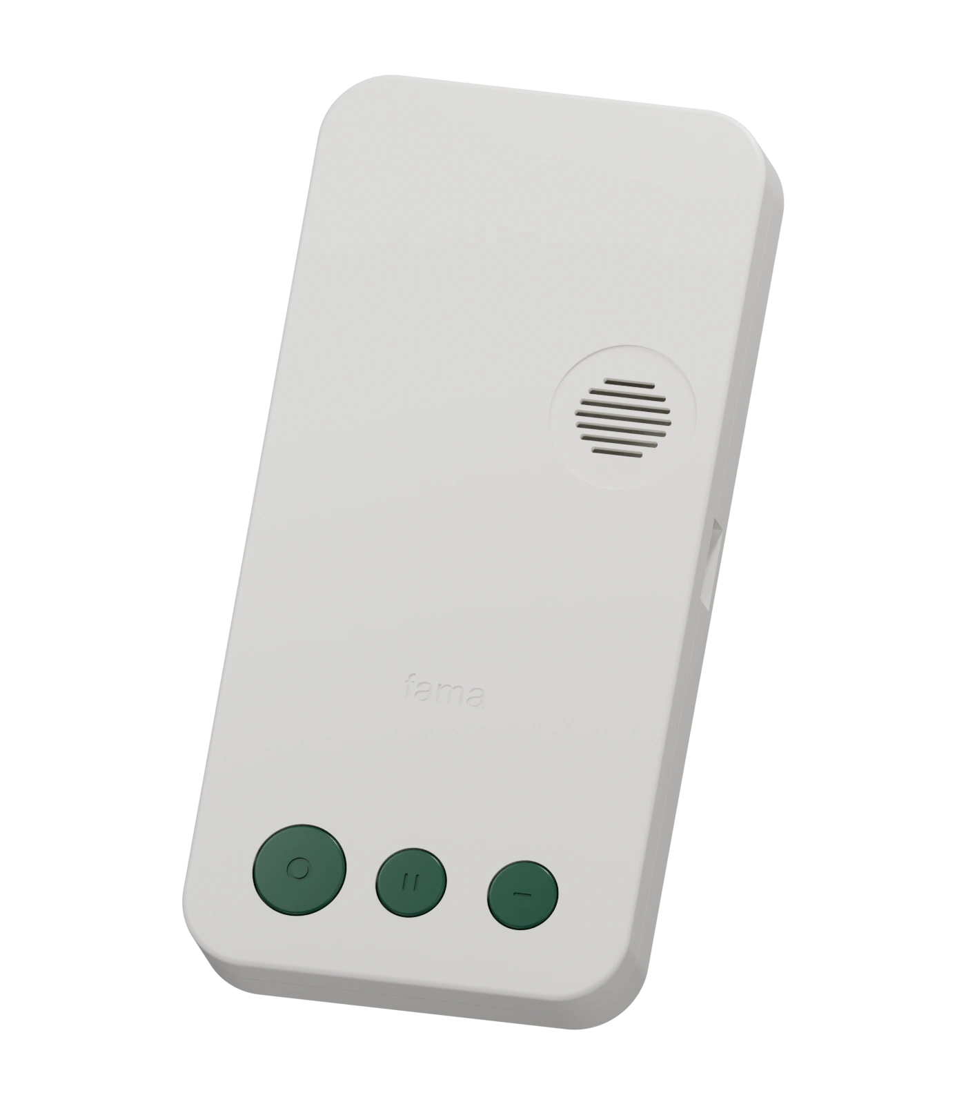 The FAMA handheld crop intelligence device in Milk, with a circular speaker grille and three forest-green tactile controls